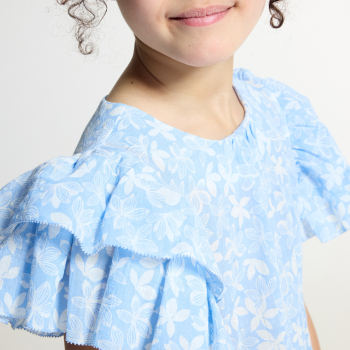 بلوزة مطبوع عليها بأكمام مكشكشة زرقاء اللون للفتيات